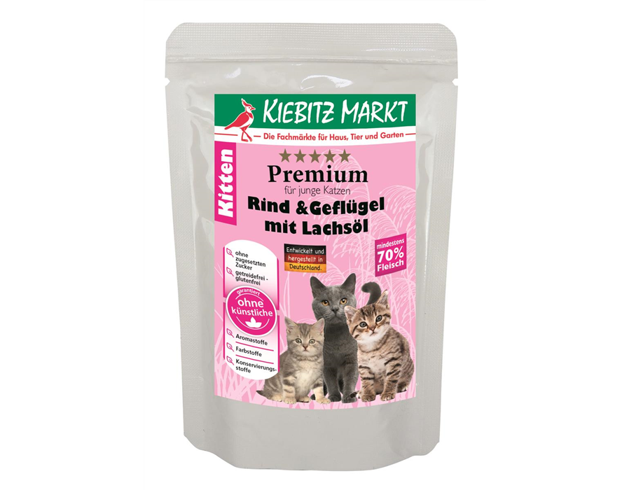 Kiebitzmarkt Premium Kitten Rind & Geflügel mit Lachsöl 12x95 g