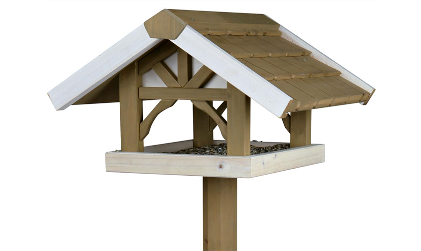 Stehendes Vogelfutterhaus Kiefernholz, 45 × 28 × 44 cm/1,25 m, grau/weiß