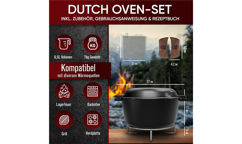 GUSSKÖNIG Dutch Oven mit Ledergriffen Topf 4,8 Liter, Deckel 1,8 Liter
