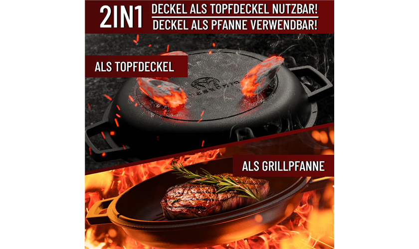GUSSKÖNIG Dutch Oven mit Ledergriffen Topf 4,8 Liter, Deckel 1,8 Liter