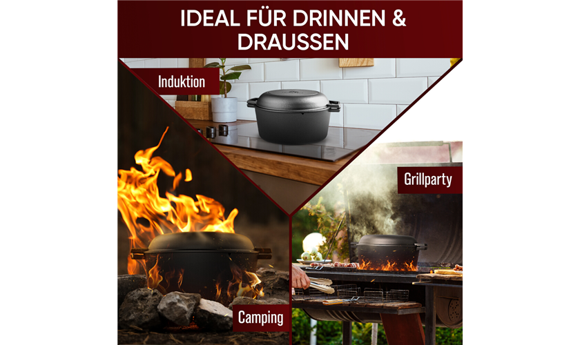 GUSSKÖNIG Dutch Oven mit Ledergriffen Topf 4,8 Liter, Deckel 1,8 Liter