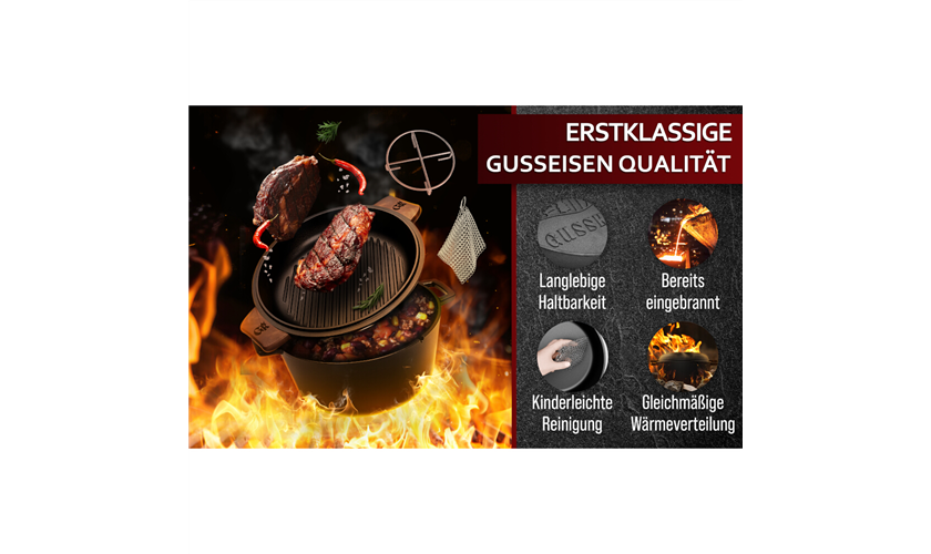 GUSSKÖNIG Dutch Oven mit Ledergriffen Topf 4,8 Liter, Deckel 1,8 Liter