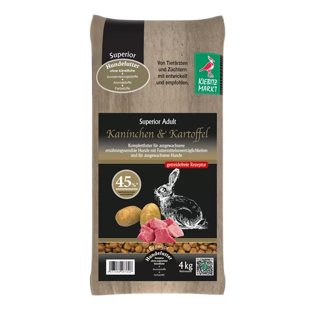 Kiebitzmarkt Superior Adult Kaninchen & Kartoffel getreidefrei,  Alleinnahrung fr alle normal aktiven Hunde und fr Hunde mit  Futtermittelunvertrglichkeiten - NBB Fachmrkte fr Tier + Garten GmbH